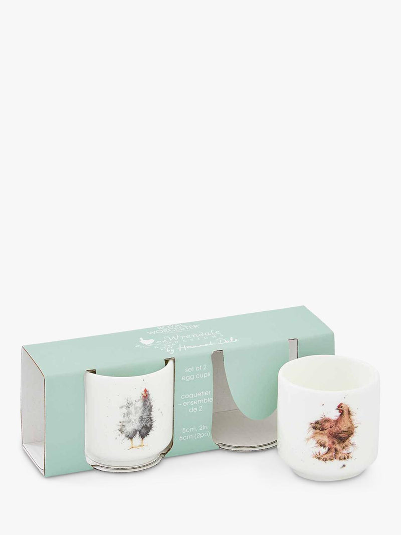 Wrendale Designs fine bone china egg cups set of 2 white multi feathery chicken designs (British brand)