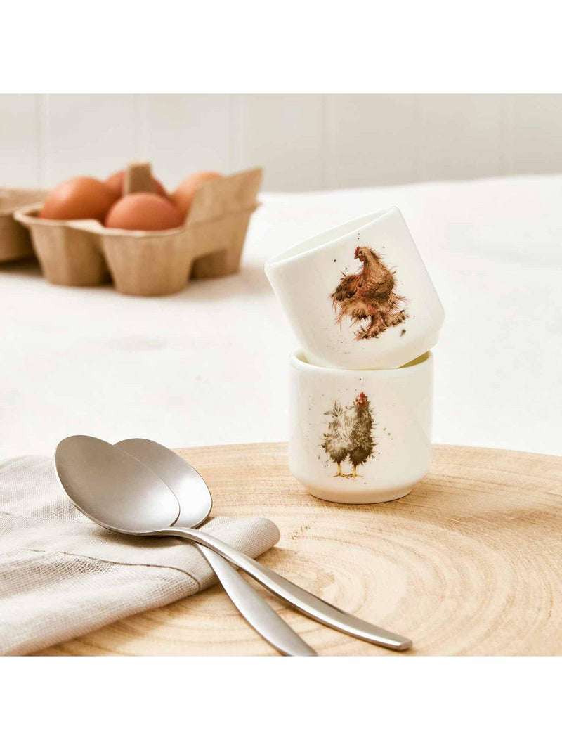 Wrendale Designs fine bone china egg cups set of 2 white multi feathery chicken designs (British brand)