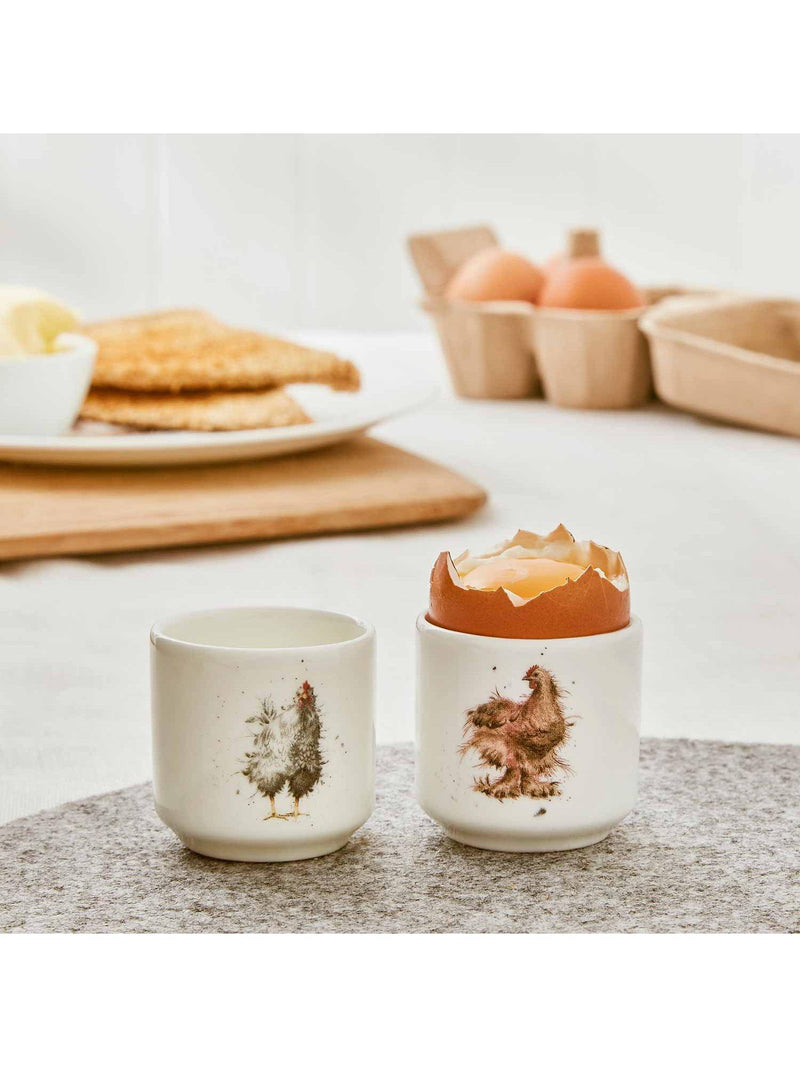 Wrendale Designs fine bone china egg cups set of 2 white multi feathery chicken designs (British brand)