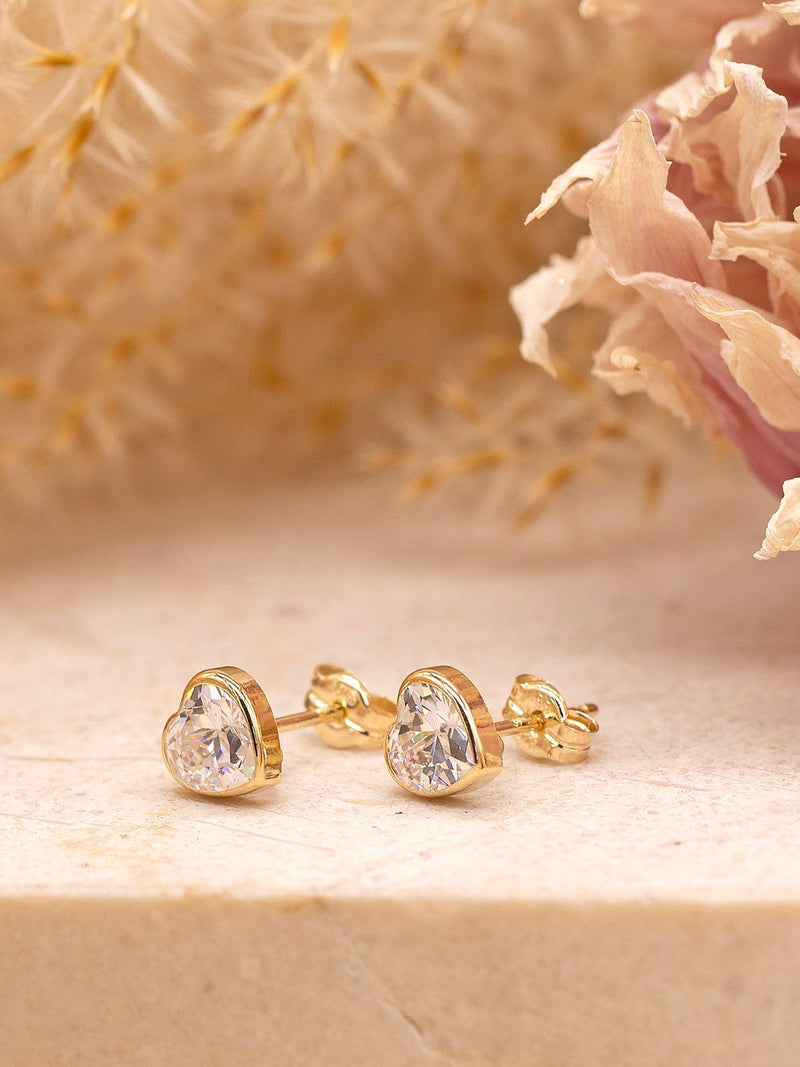 IBB 9ct gold cubic zirconia heart stud earrings (British brand)