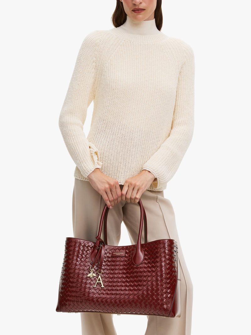 Aspinal of London woven leather tote bag burgundy, UK version
