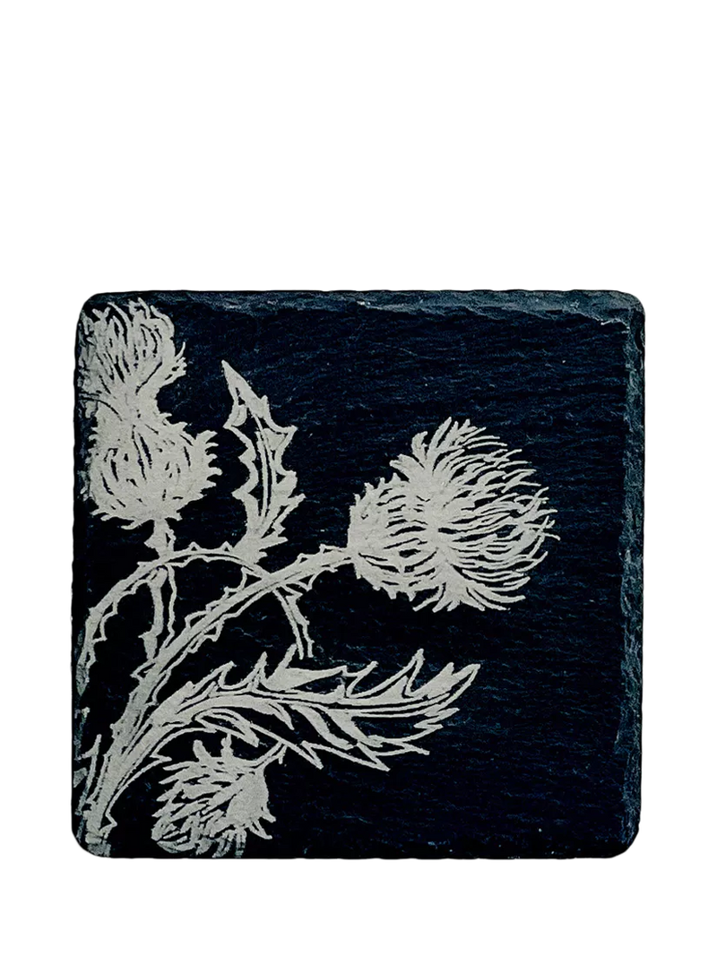 Selbrae House slate coaster with thistle trio design square - British product