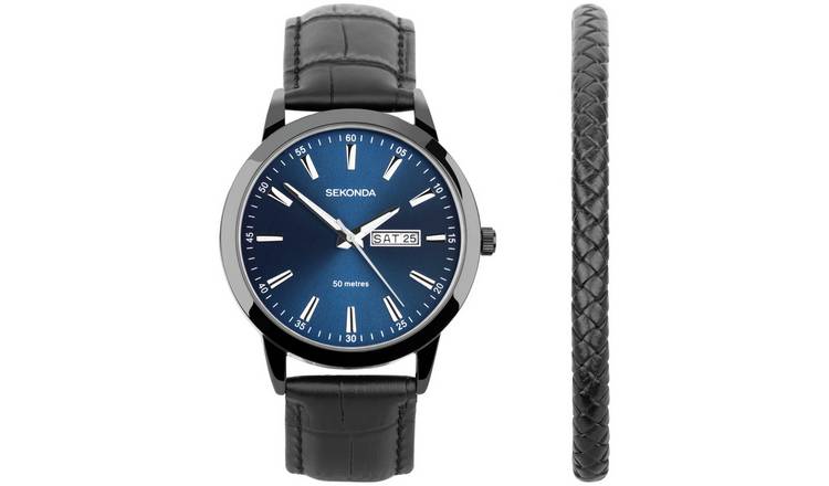 Sekonda men's watch set black croc strap blue dial, UK version
