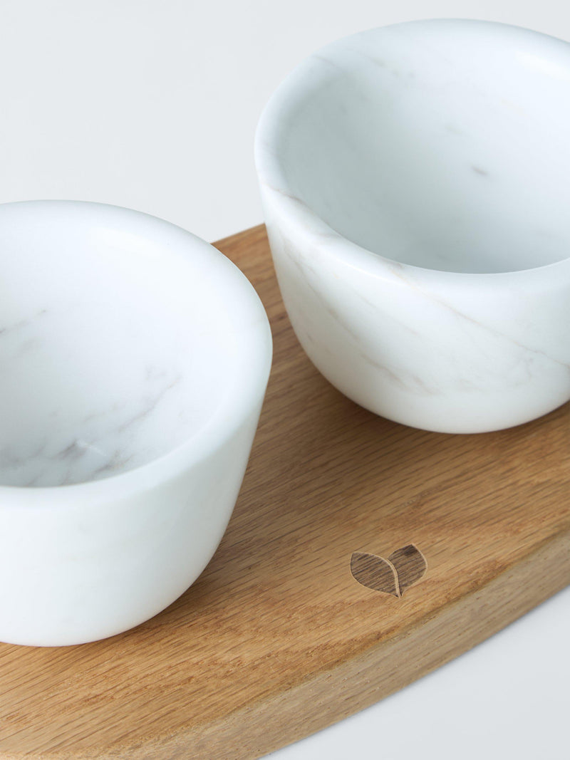 John Lewis Ella marble salt pepper pots FSC oak tray, UK version