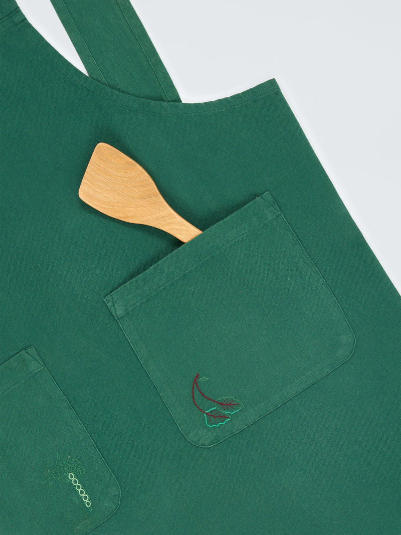 John Lewis X Deliciously Ella embroidered cotton kitchen apron in green, UK version