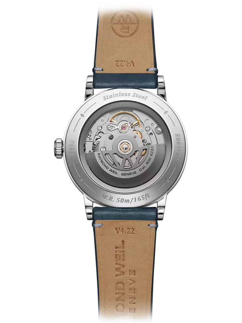 Raymond Weil Millesime automatic watch silver dial blue leather strap - British product