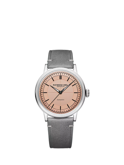John Lewis Raymond Weil Men's Millesime 39.5mm Automatic Leather Strap Watch, Silver/Rose- Buy online at McGrocer
