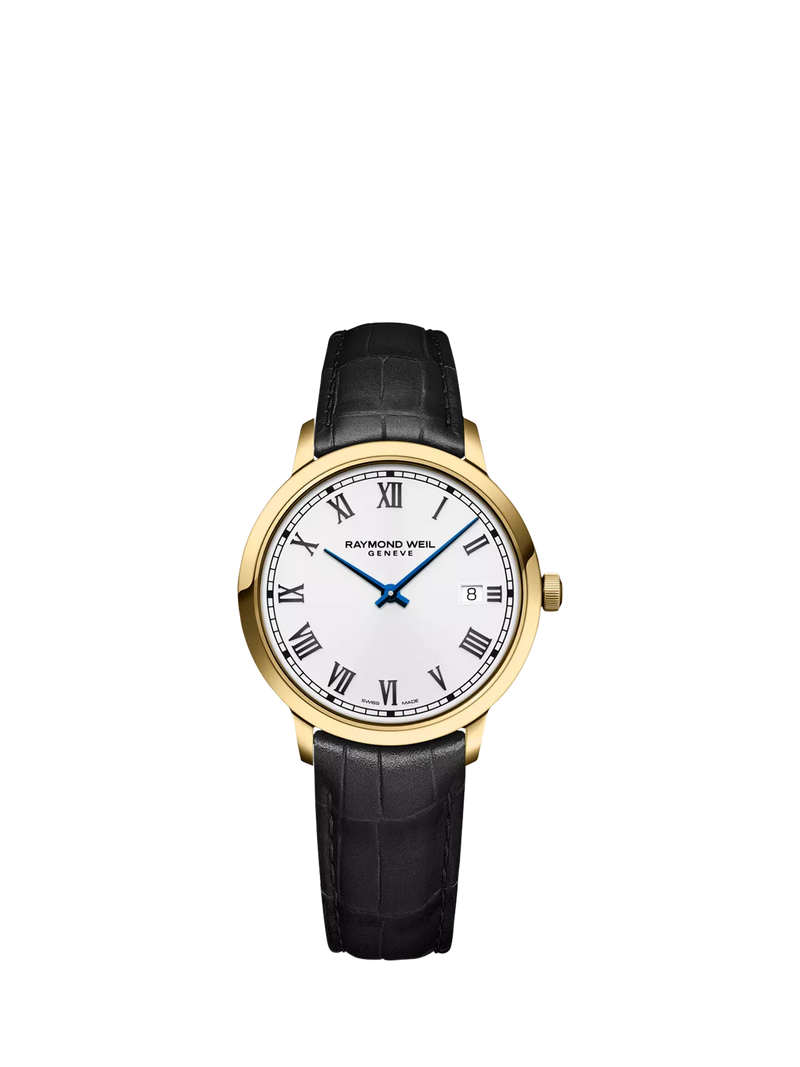 Raymond Weil Toccata watch with black strap and white dial (British brand)