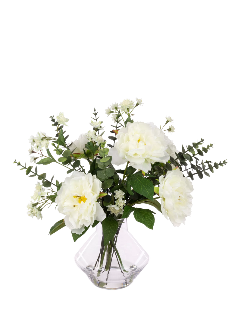 Floralsilk artificial peony and eucalyptus arrangement 46cm, imported from the UK