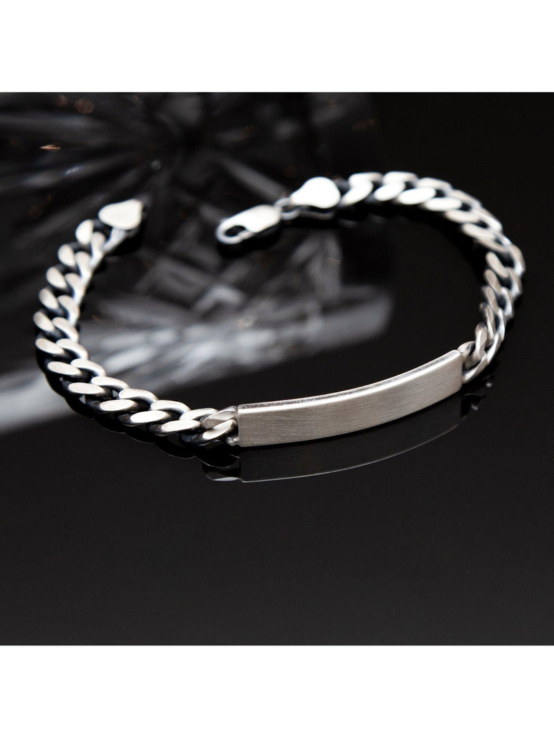 Hoxton London men's oxidised ID curb chain bracelet in sterling silver, imported from the UK