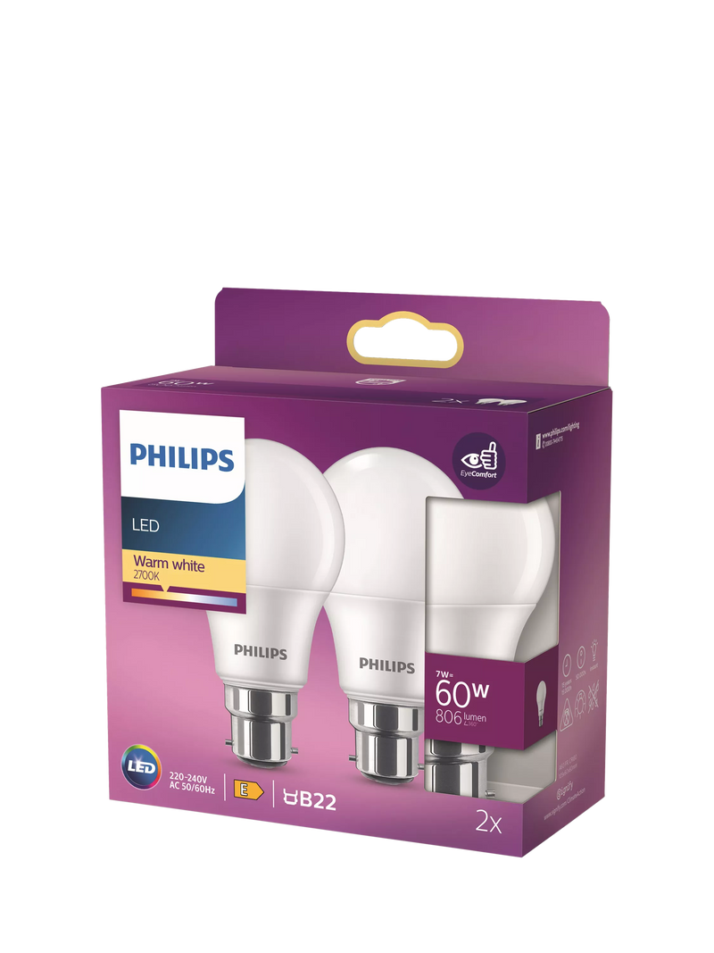 Philips LED light bulb 60W A60 B22 non-dimmable pack of 2, imported from the UK