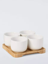 John Lewis BIA Share Round Stoneware Snack Bowls with Bamboo Tray, Set of 4, Natural White- Buy online at McGrocer