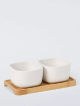 John Lewis BIA Share Square Stoneware Snack Bowls with Bamboo Tray, Set of 2, Natural/White- Buy online at McGrocer