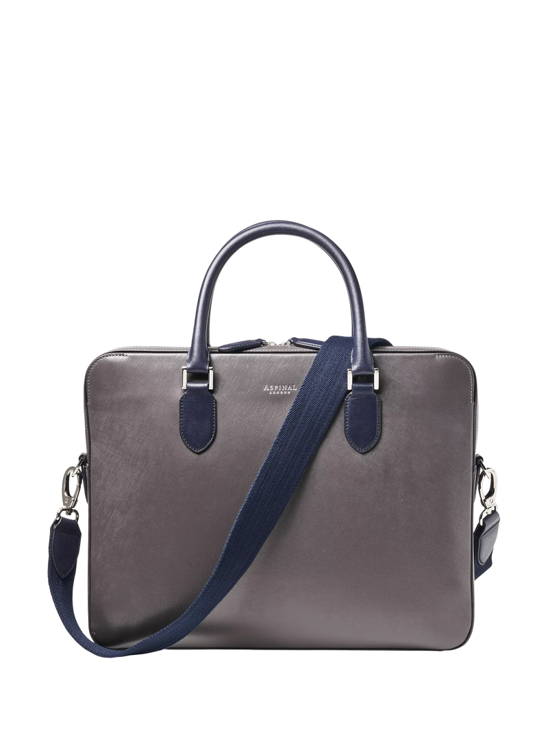 Aspinal of London Leather Slim Briefcase, Grey/Navy