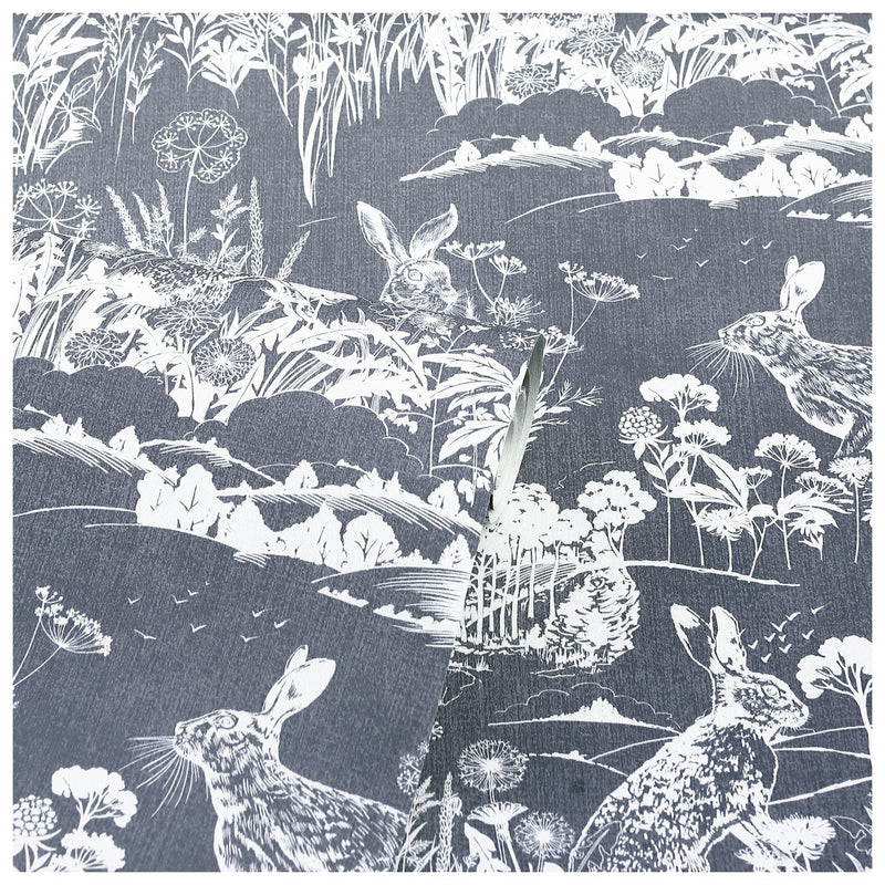 Arthouse Meadow Hare Navy Wallpaper 53cm x 1005m roll - British product