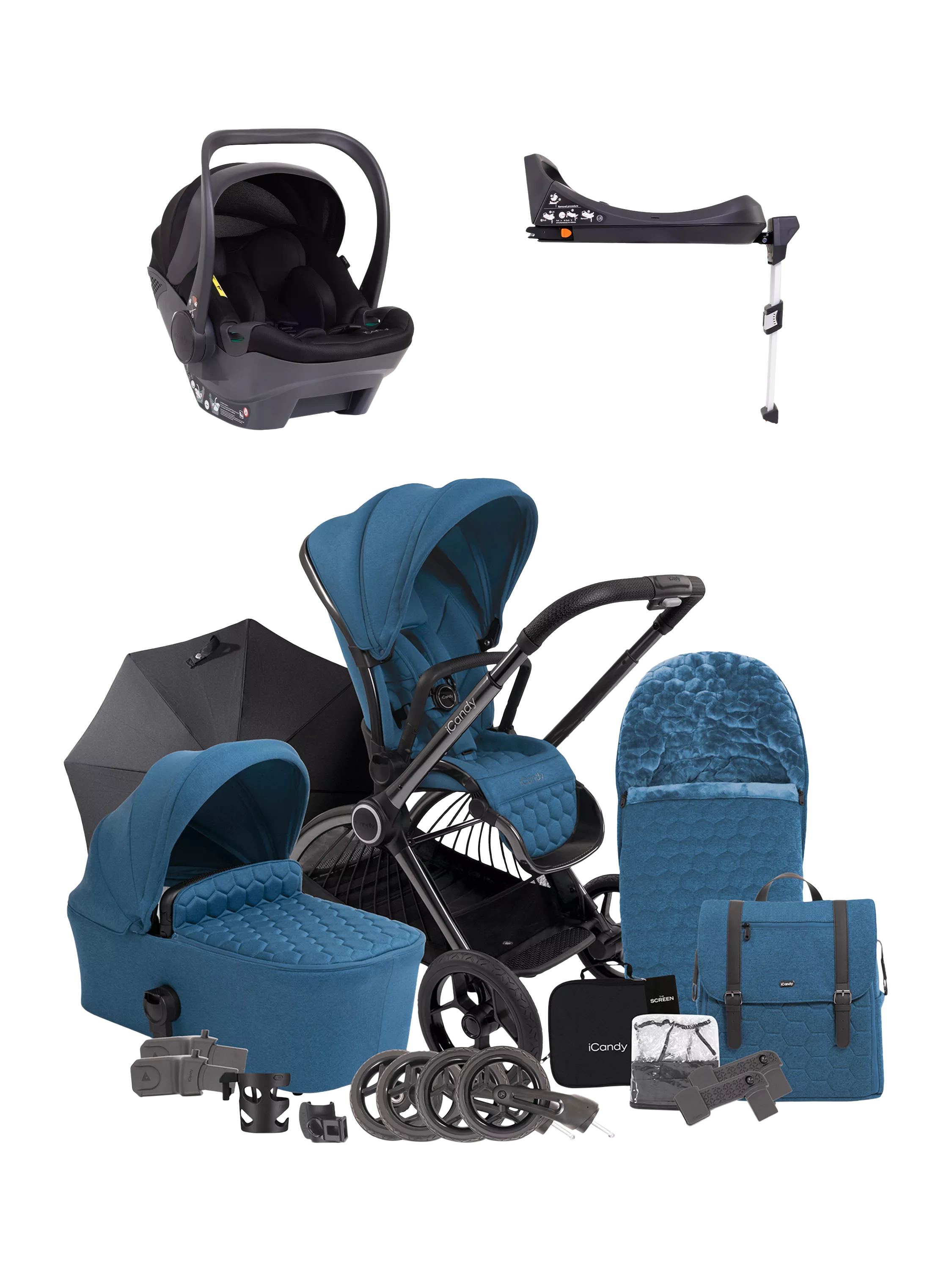 iCandy Core Pushchair, Carrycot and Accessories with iCandy Cocoon Car Seat and i-Size Base Travel System Bundle, Atlantis Blue - McGrocer