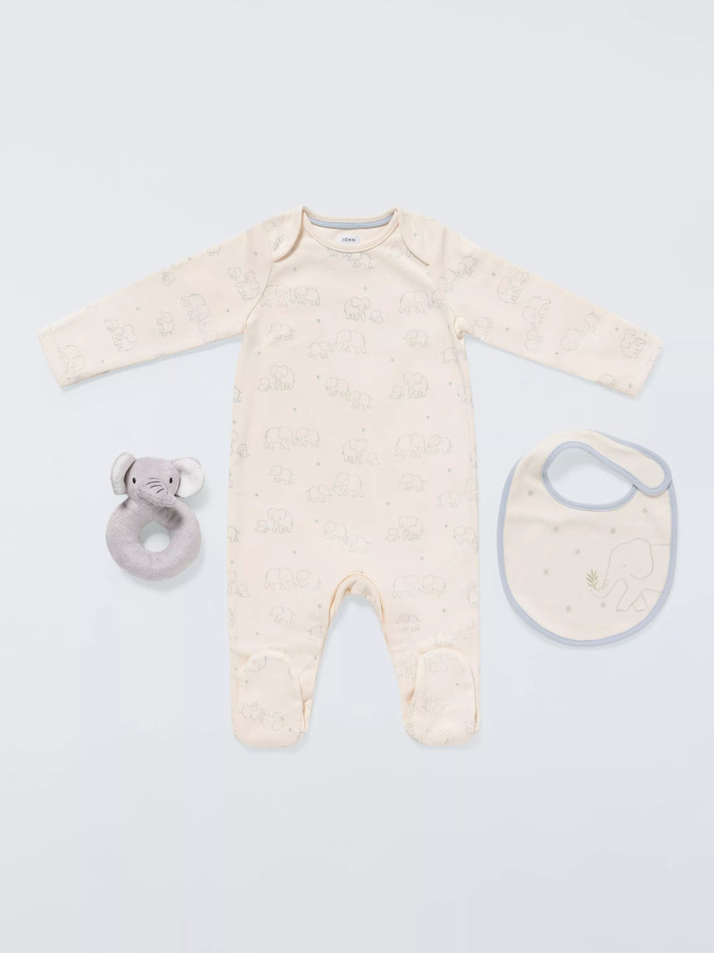 John Lewis baby elephant gift set with sleepsuit bib toy UK version
