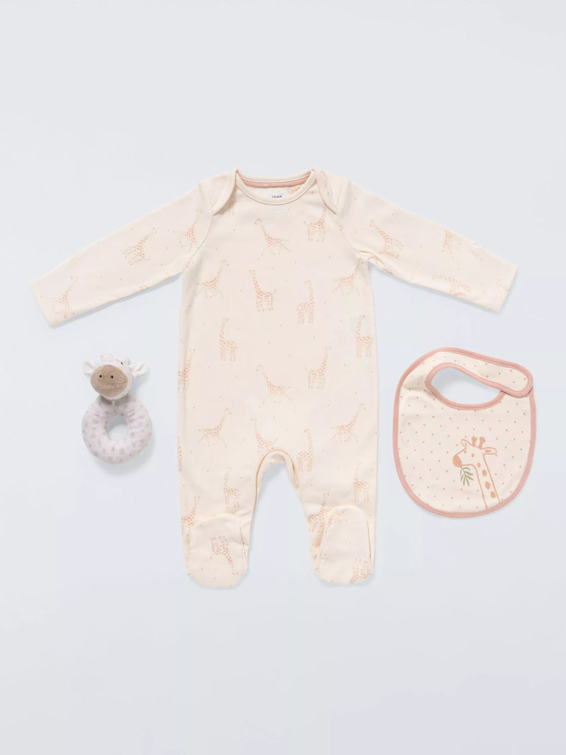 John Lewis giraffe sleepsuit and toy gift set (British brand)