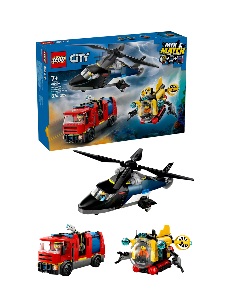LEGO City building set with helicopter, fire engine, and submarine, UK version