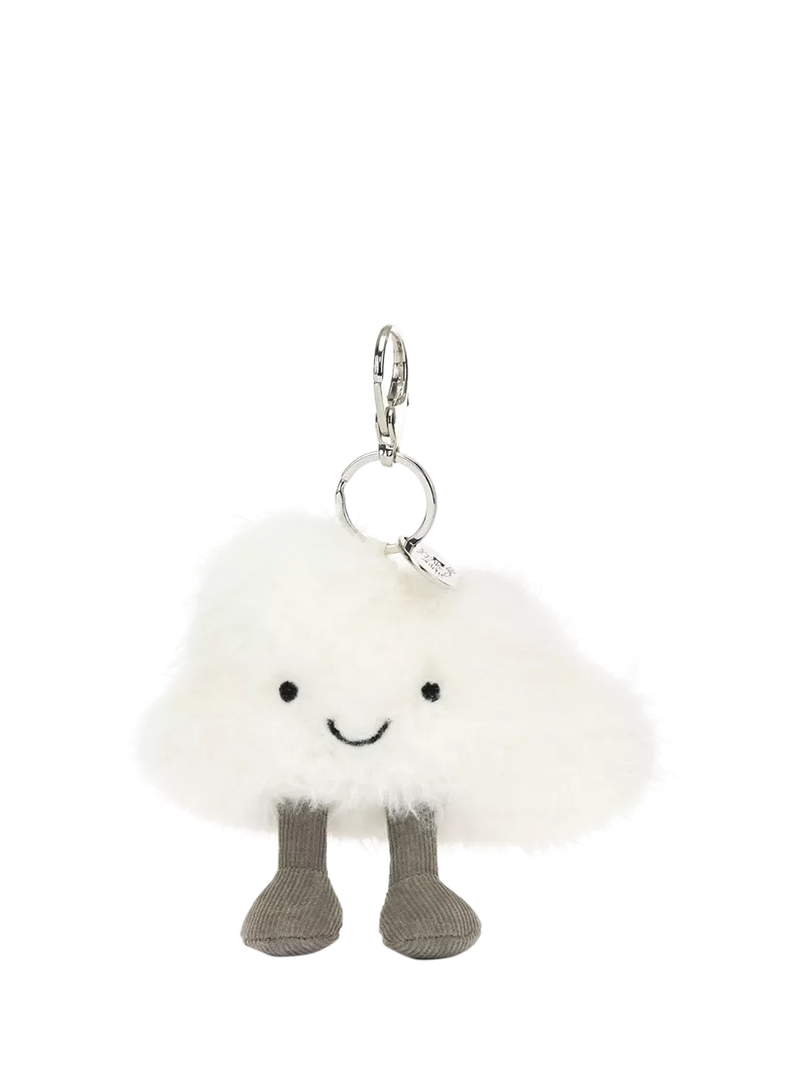 Jellycat cloud bag charm with stitched smile and silver clip, UK version