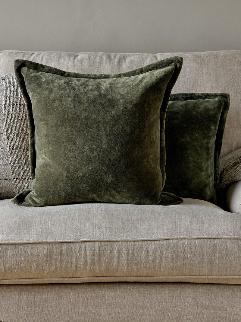 nkuku Pilani Square cushion cover in moss green (British brand)