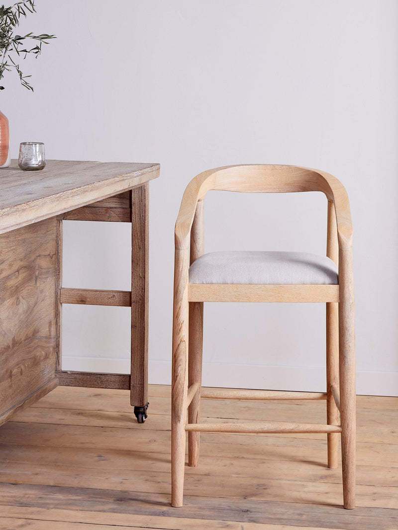 nkuku Anbu counter chair natural mango wood linen seat, UK version