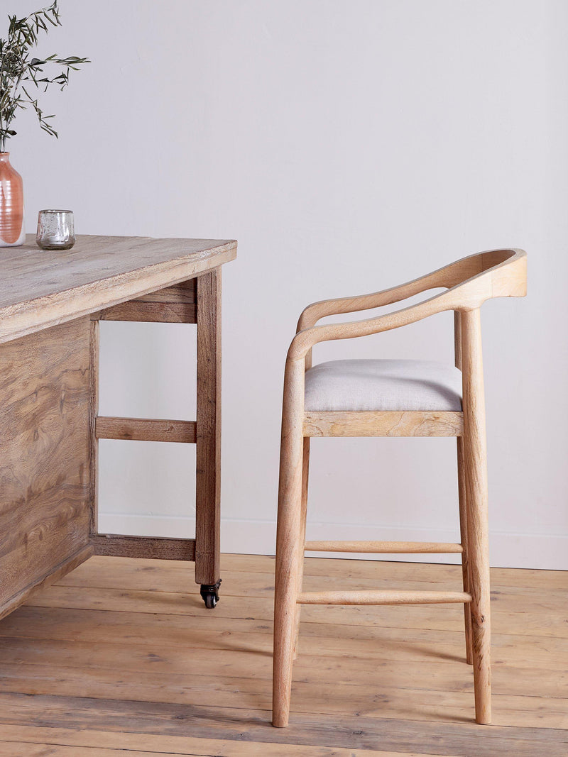 nkuku Anbu counter chair natural mango wood linen seat, UK version