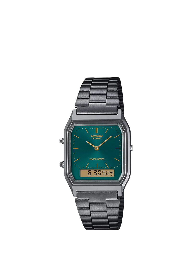 Casio Vintage Uhr mit grünem Zifferblatt und silbernem Armband (britische Marke)