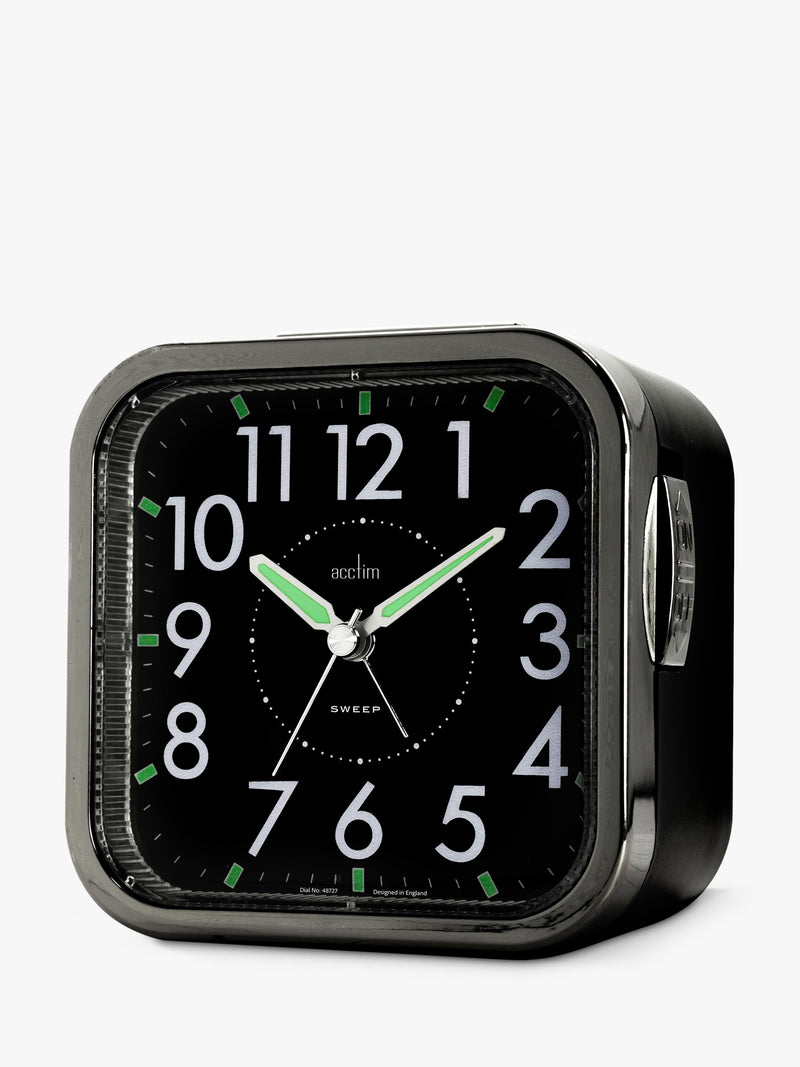 Acctim analogue square alarm clock black with luminous hands (British brand)
