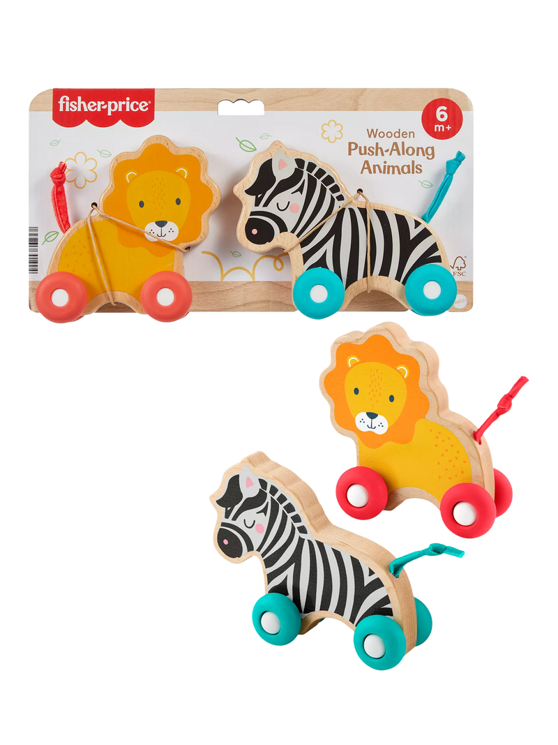 Fisher-Price wooden push along animals lion and zebra pack (British brand)