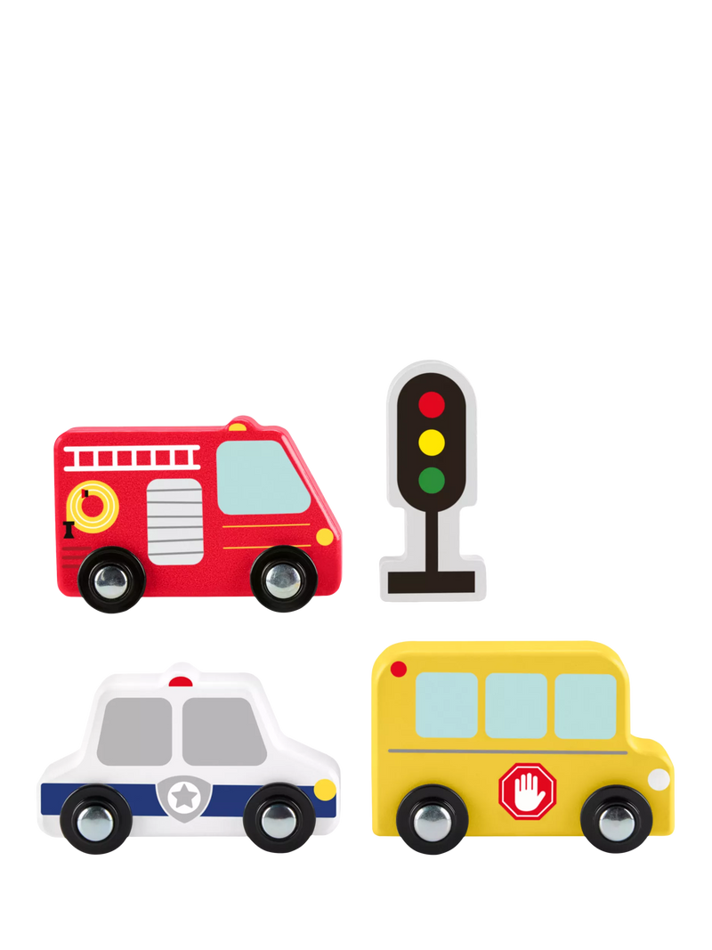 Fisher-Price wooden vehicle pack with fire truck, police car, school bus (British brand)