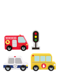 Fisher-Price wooden vehicle pack with fire truck, police car, school bus (British brand)