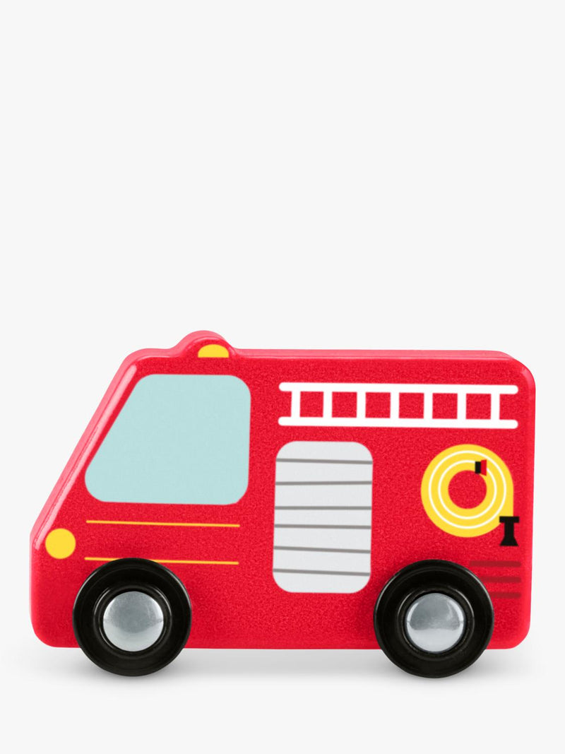 Fisher-Price wooden vehicle pack with fire truck, police car, school bus (British brand)