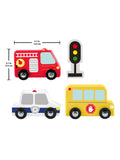 Fisher-Price wooden vehicle pack with fire truck, police car, school bus (British brand)