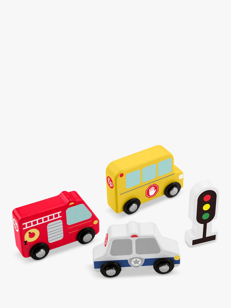 Fisher-Price wooden vehicle pack with fire truck, police car, school bus (British brand)