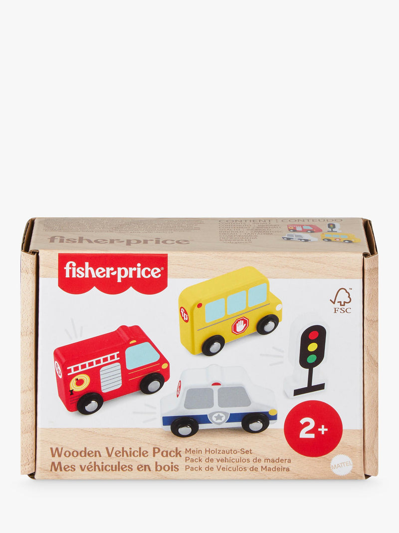 Fisher-Price wooden vehicle pack with fire truck, police car, school bus (British brand)