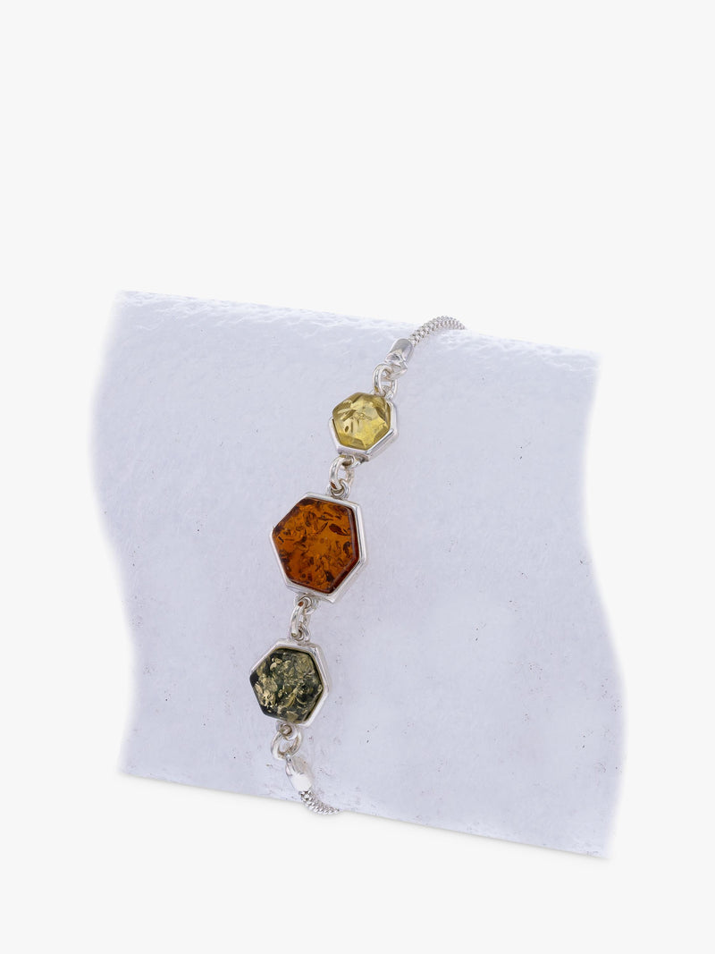 Be-Jewelled Amber 3 Stone Chain Bracelet, Silver/Cognac (British brand)