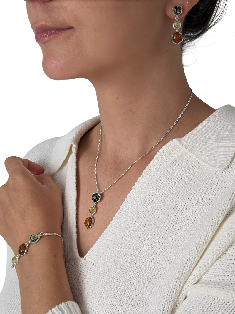 Be-Jewelled geometric cut Baltic amber triple drop earrings - British product