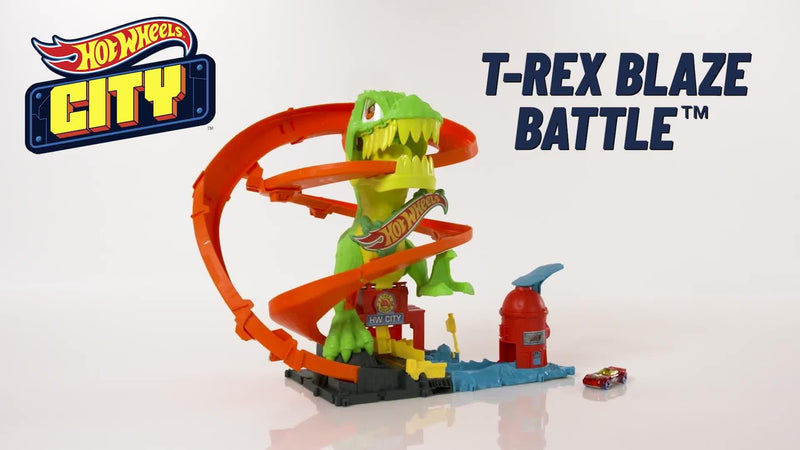 Hot Wheels City T-Rex Blaze Battle playset with firetruck, imported from the UK