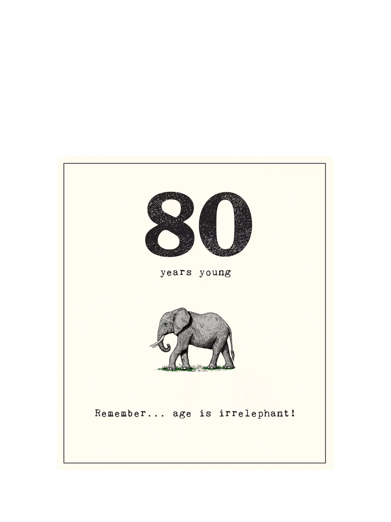 Pigment 80th birthday card Age Is Irrelephant, imported from the UK