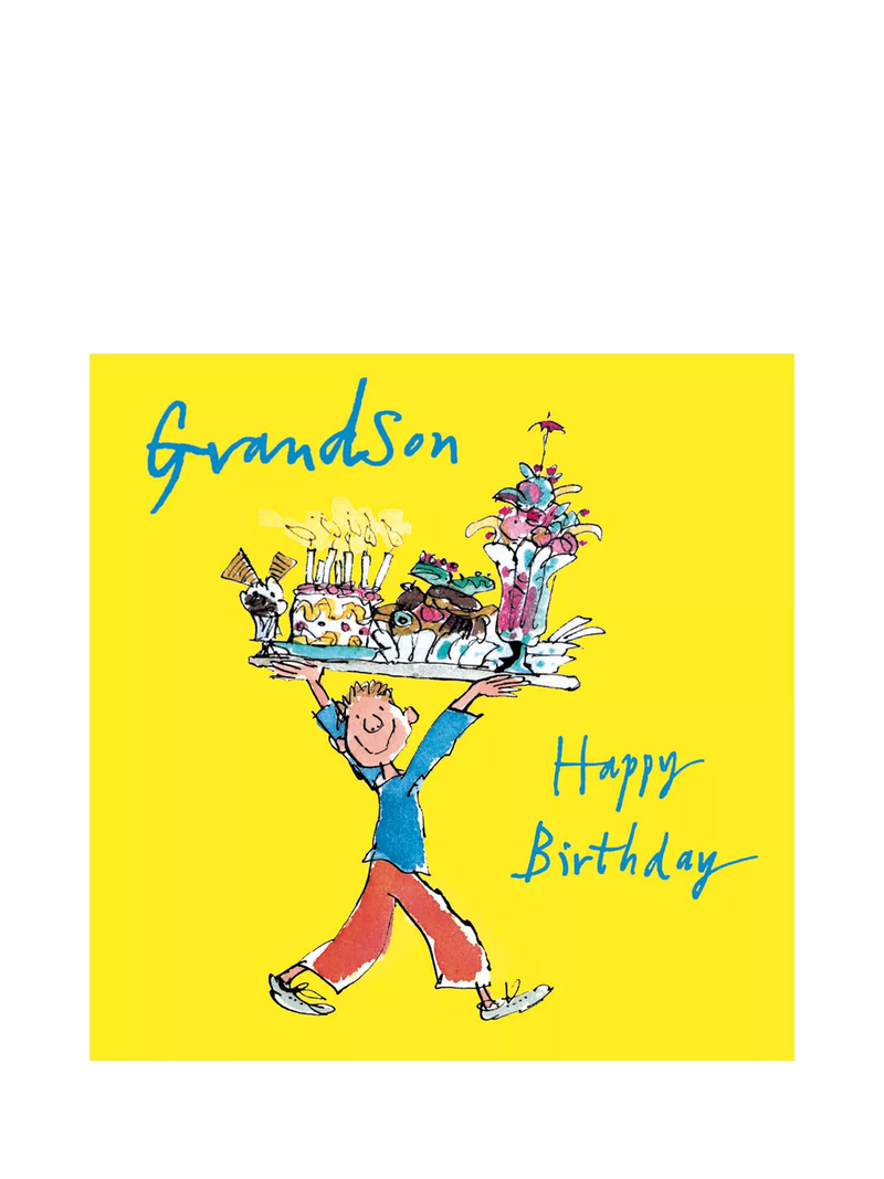 Woodmansterne grandson birthday card - boy holding tray, blue envelope (British brand)