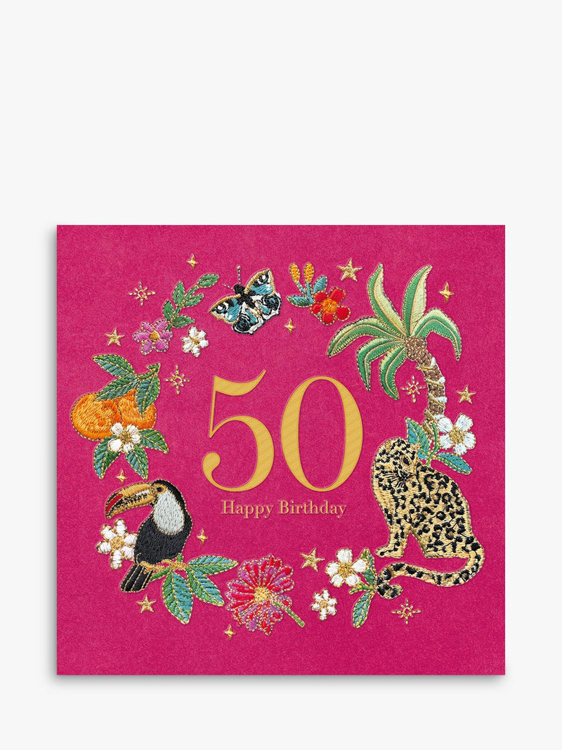 50th Birthday Greetings Card with Envelope, Blank Inside, Tropical Design