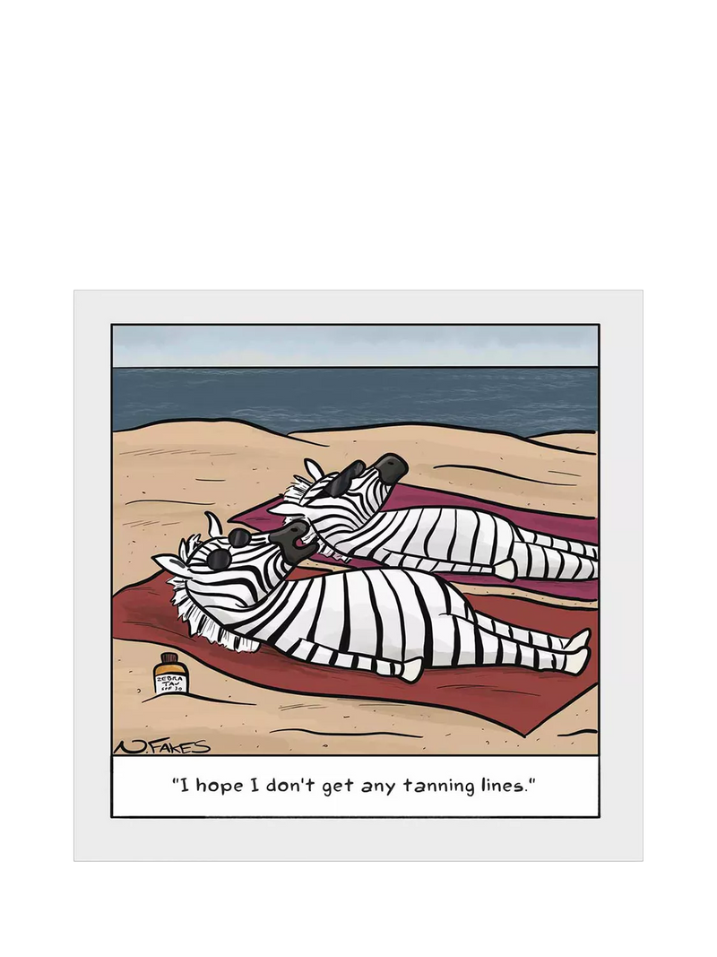 Woodmansterne greeting card tanning zebras, UK version