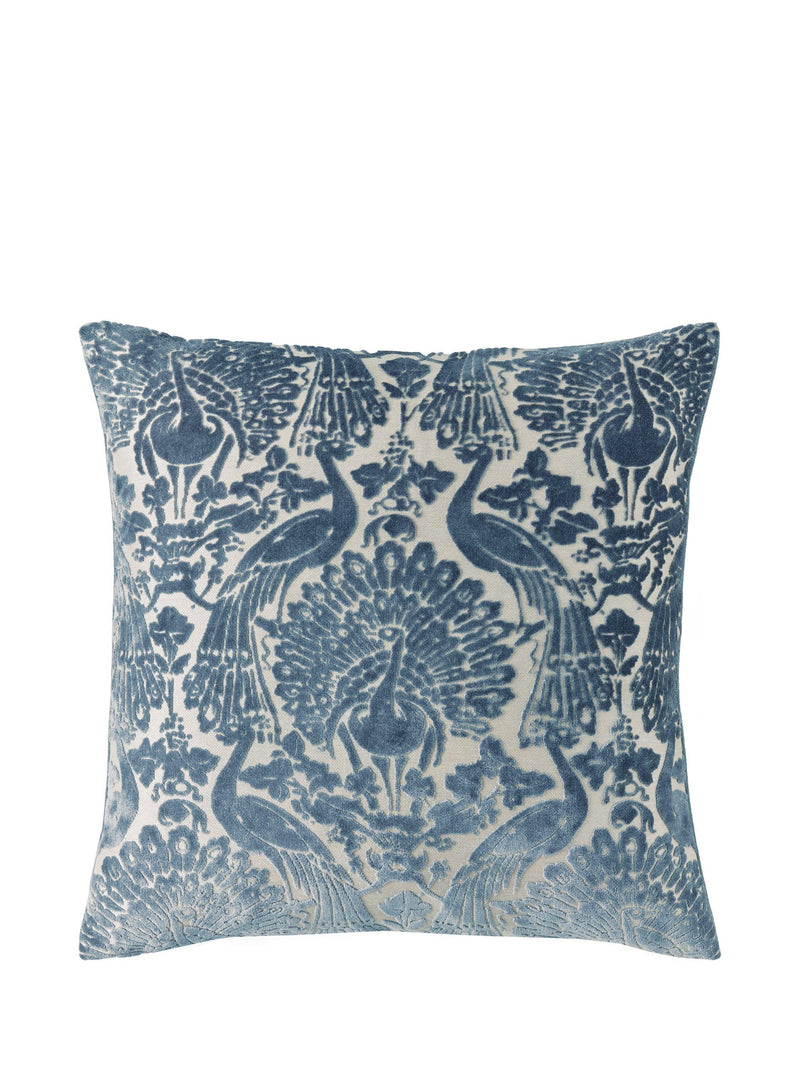 Dusky Blue Velvet Cushion with Peacock Damask Design