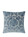 Dusky Blue Velvet Cushion with Peacock Damask Design