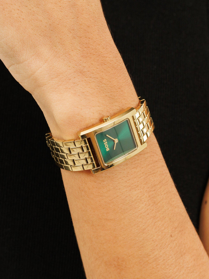 BOSS Lucy women's watch green dial gold strap (British brand)