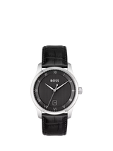 John Lewis HUGO BOSS Principle Date Men's Watch 1514122 Black Leather Strap 41mm- Buy online at McGrocer