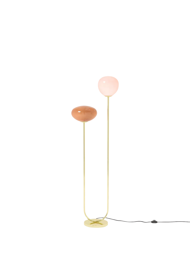 MADE floor lamp with pink glass shades and brass accents, imported from the UK