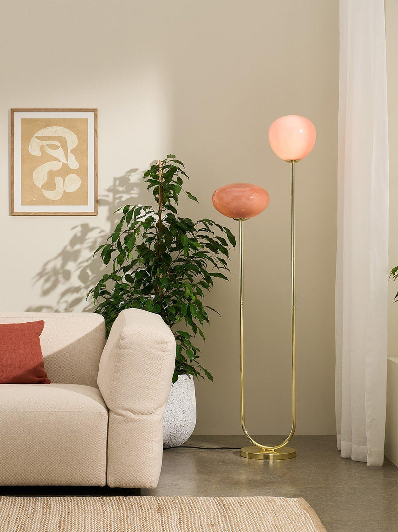 MADE floor lamp with pink glass shades and brass accents, imported from the UK