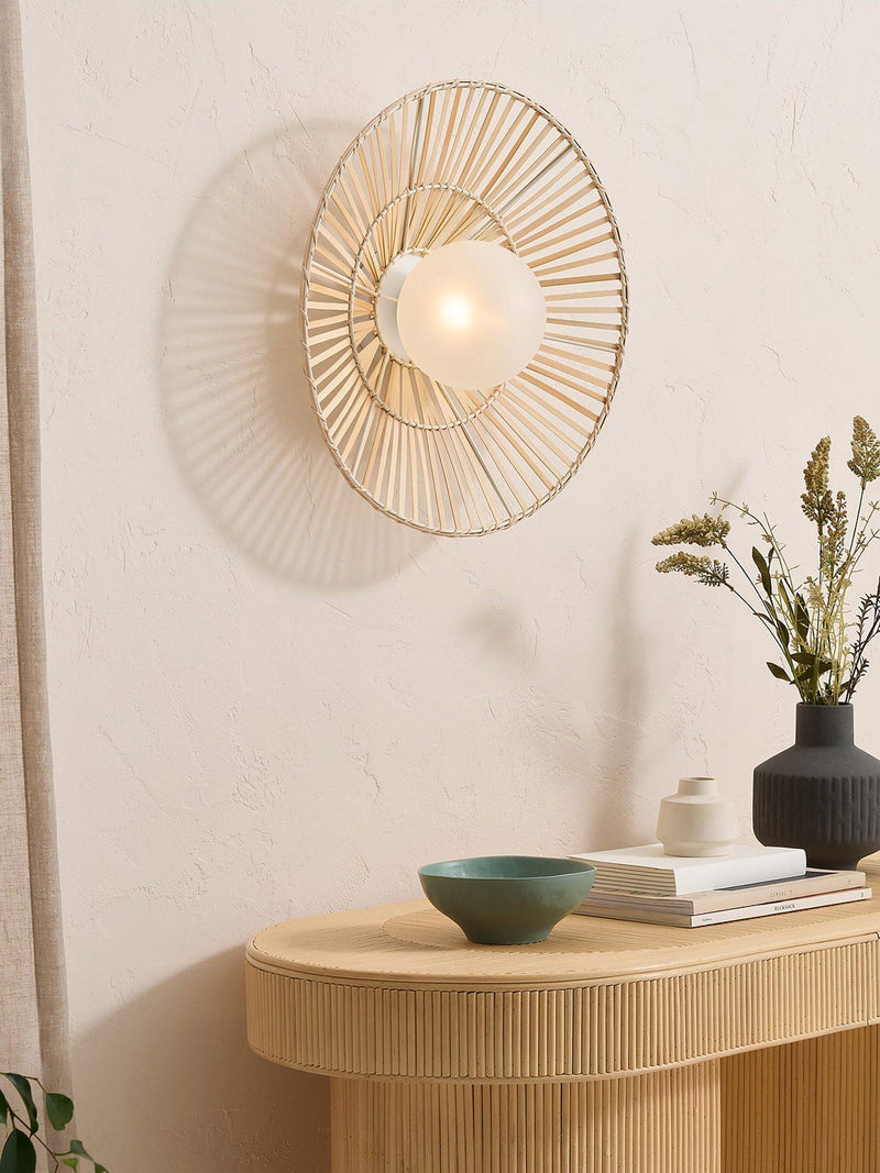 MADE Piper Weaver flush wall light with bamboo weave shade - British product